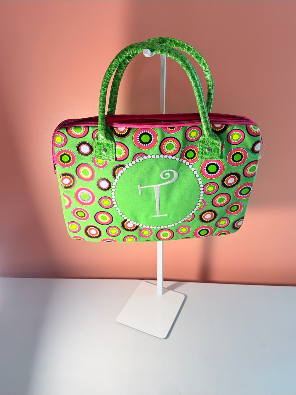 Green and Pink Patterned Laptop Bag with Initial Accent - Picture 3 of 5